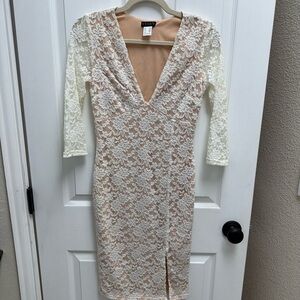 VENUS Cream Sheath Dress with Plunge Neckline and 3/4 Sleeves